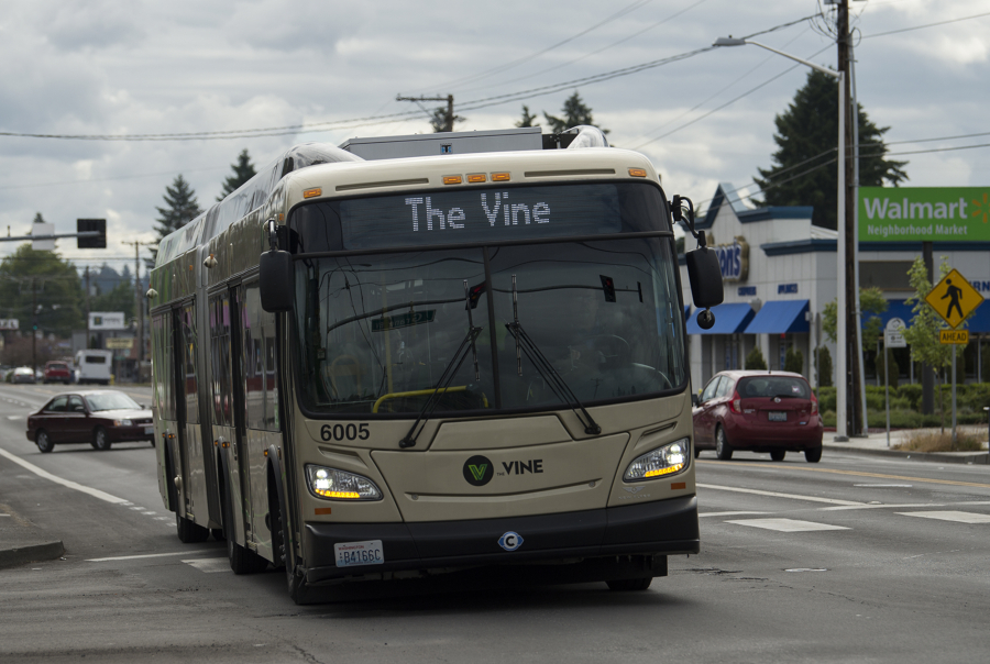 The Vine bus stops along Fourth Plain Boulevard to pick up passengers in 2018.
