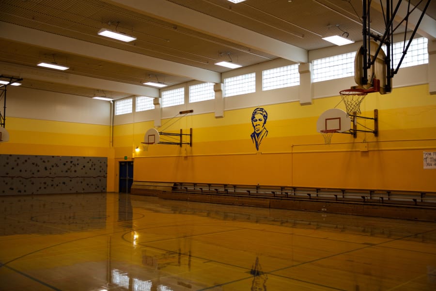 The gymnasium at Harriet Tubman Middle School features a portrait of the school’s namesake.