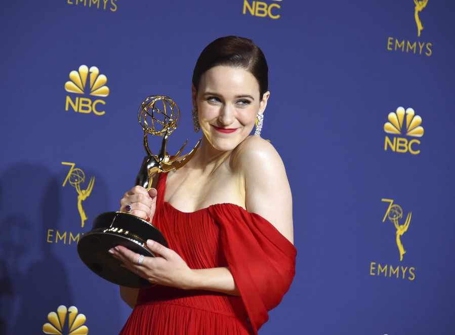 Rachel Brosnahan winner of the award for outstanding lead actress in a comedy series for “The Marvelous Mrs. Maisel” poses in the press room at the 70th Primetime Emmy Awards on Monday, Sept. 17, 2018, at the Microsoft Theater in Los Angeles.