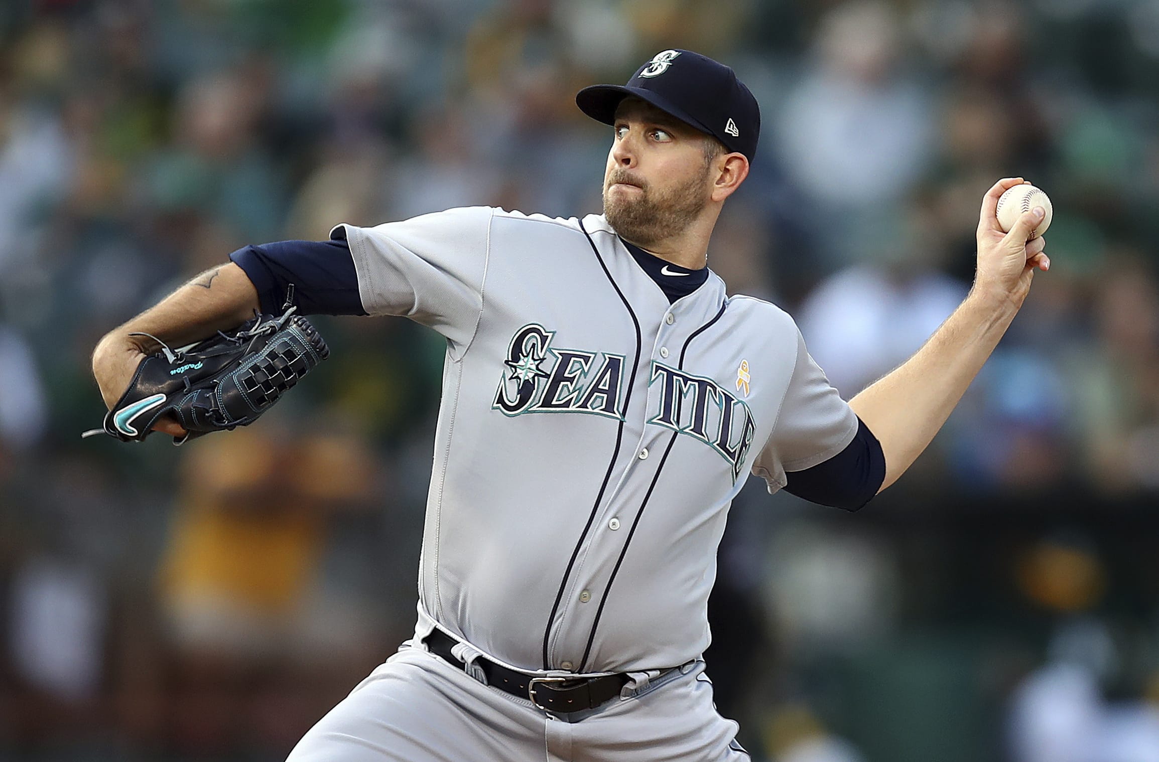 Seattle Mariners pitcher James Paxton works against the Oakland Athletics during the first inning of a baseball game Saturday, Sept. 1, 2018, in Oakland, Calif.