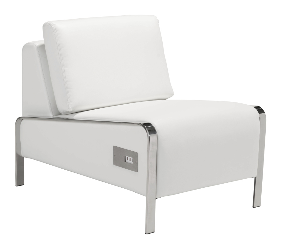 The Leeanne slipper chair from AllModern, which comes in white or black leatherette, and is equipped with three USB ports in the base.