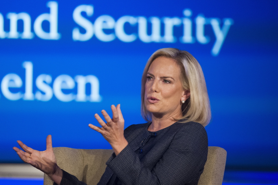Secretary of Homeland Security Kirstjen Nielsen speaks to George Washington University’s Center for Cyber and Homeland Security, in Washington, Wednesday, Sept. 5, 2018. The Trump administration is planning to circumvent a longstanding court agreement on how children are treated in immigration custody. That means families will be kept in detention longer. Homeland Security announced Thursday it would terminate the agreement which requires the release of immigrant children generally after 20 days. It would instead adopt regulations that administration officials say will provide care of minors, but allow changes to deter migrants illegally crossing the border.