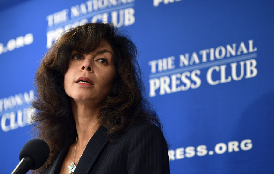 Ashley Tabaddor, a federal immigration judge in Los Angeles who serves as the President of the National Association of Immigration Judges, speaks at the National Press Club’Äã in Washington, Friday, Sept. 21, 2018, on the pressures on judges and the federal immigration court system.
