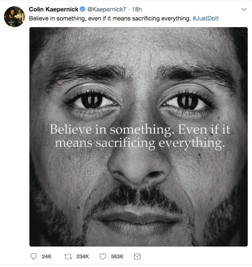 This image taken from the Twitter account of the former National Football League player Colin Kaepernick shows a Nike advertisement featuring him that was posted Monday, Sept. 3, 2018. Kaepernick already had a deal with Nike that was set to expire, but it was renegotiated into a multi-year deal to make him one of the faces of Nike’s 30th anniversary “Just Do It” campaign, according to a person familiar with the contract.