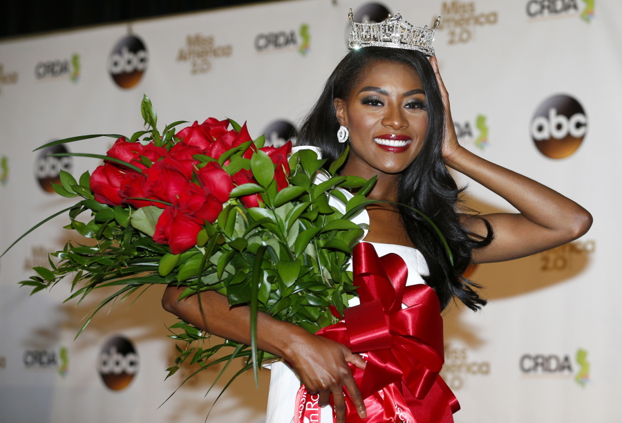 Miss America 2019 Nia Franklin poses during a news conference, early Monday, Sept. 10, 2018, in Atlantic City, N.J. (AP Photo/Noah K.
