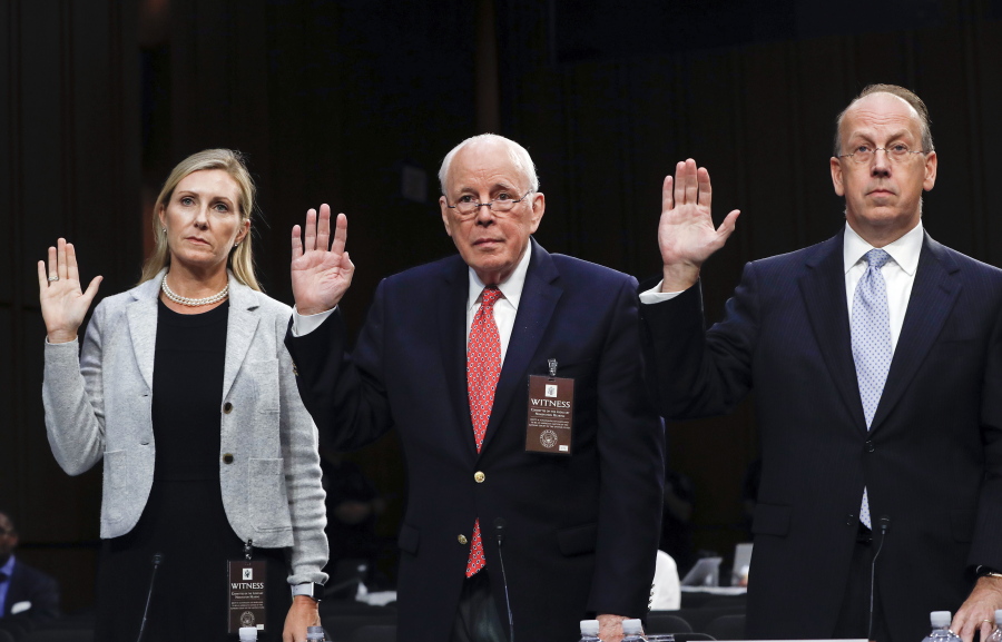 From left, Monica Mastel, John Dean, and Paul Clement, are sworn in before the Senate Judiciary Committee during the final stage of the confirmation hearing for President Donald Trump’s Supreme Court nominee, Brett Kavanaugh, on Capitol Hill in Washington, Friday, Sept. 7, 2018.