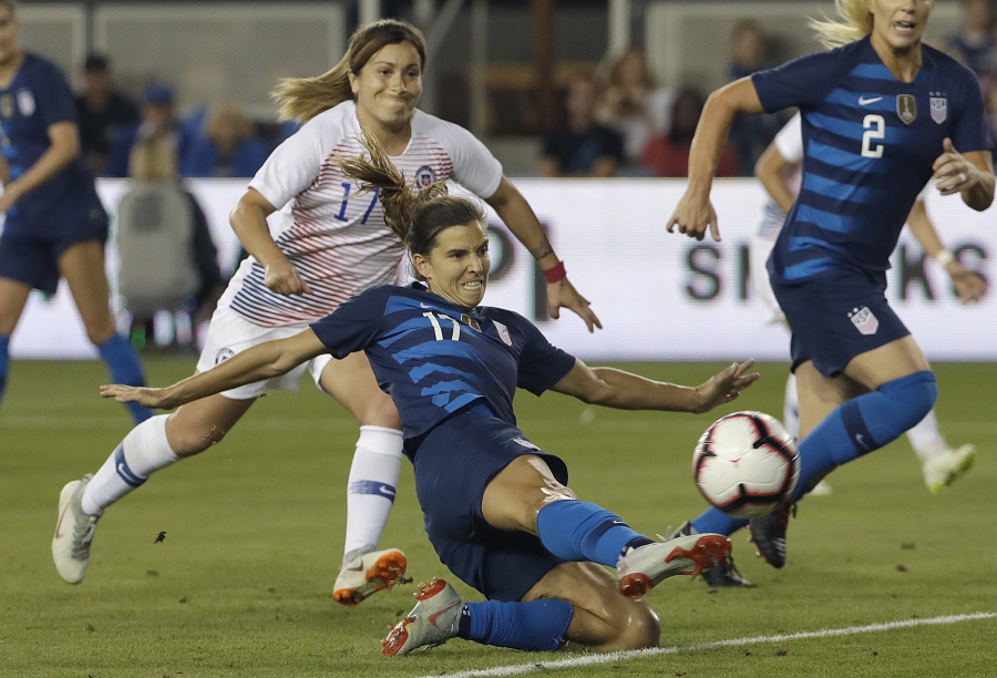 Tobin Heath scores a goal for the U.S. women vs. Chile.