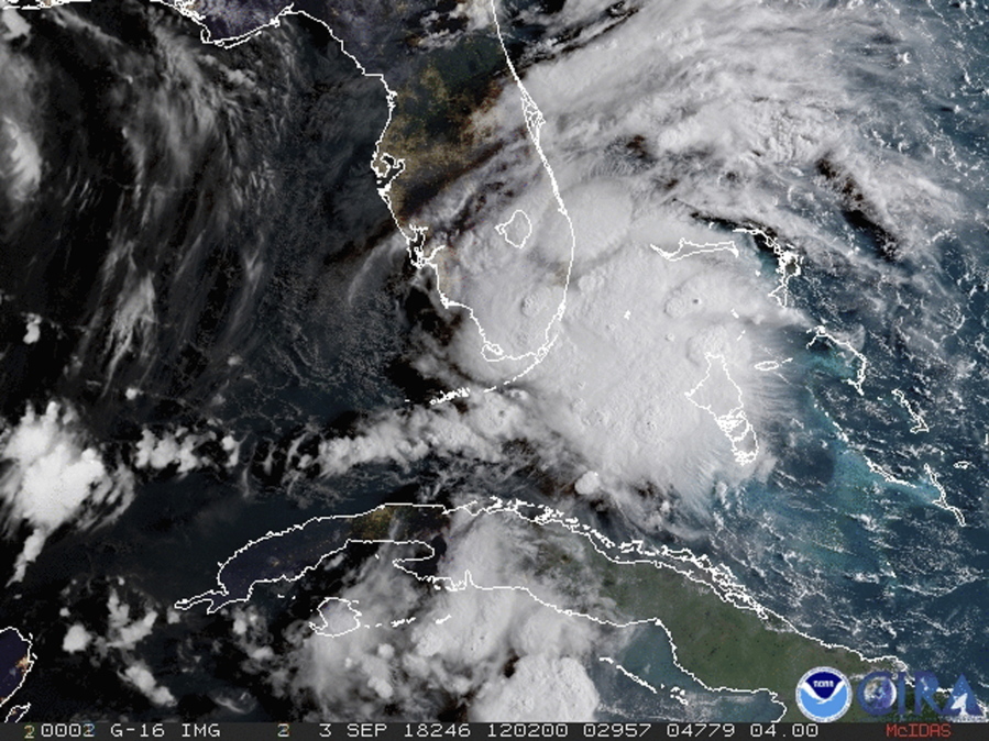 In this image released by NOAA’s GOES-16 on Monday, Tropical Storm Gordon appears south of Florida. The storm is expected to cross from southwest Florida into the Gulf Coast later Monday afternoon.