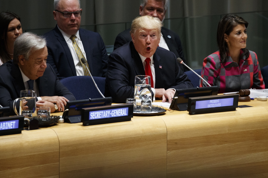 United Nations Secretary General Antonio Guterres, left, and U.S. Ambassador to the United Nations Nikki Haley, right, listen as President Donald Trump speaks during the “Global Call to Action on the World Drug Problem” at the United Nations General Assembly on Monday at U.N. Headquarters.
