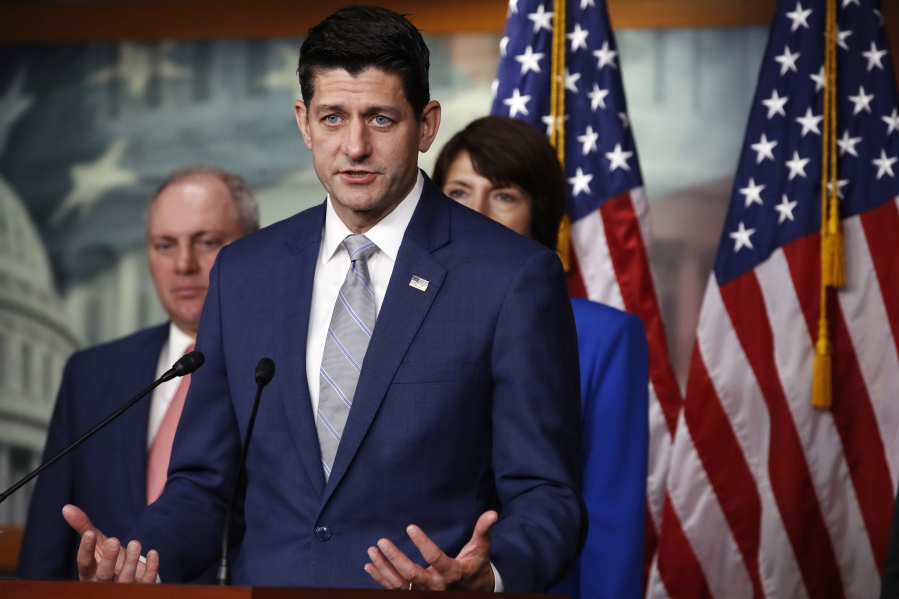 House Speaker Paul Ryan of Wis., speaks during a news conference, Thursday, Sept. 13, 2018, in Washington. Behind him are House Majority Whip Steve Scalise, R-La., and Rep. Cathy McMorris Rodgers, R-Wash., right. Ryan is rejecting President Donald Trump’s assertion an official government death toll for last year’s hurricane in Puerto Rico is wrong. The Wisconsin Republican says he has “no reason to dispute” a study that found nearly 3,000 people on the island died from Hurricane Maria last year.