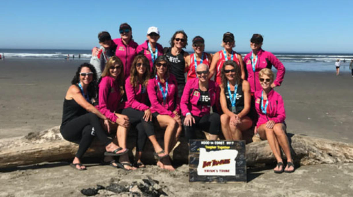 Trish Mayhew, a breast cancer survivor and oncology nurse at Legacy Cancer Institute, celebrates completing the 2017, above, and 2018, right, Hood to Coast relay with her team in Seaside, Ore.
