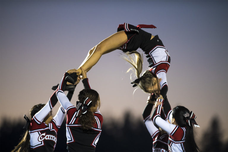 Camas High School Cheerleaders perform during their game against Skyview at Doc Harris Stadium on Friday night, Oct. 19, 2018.