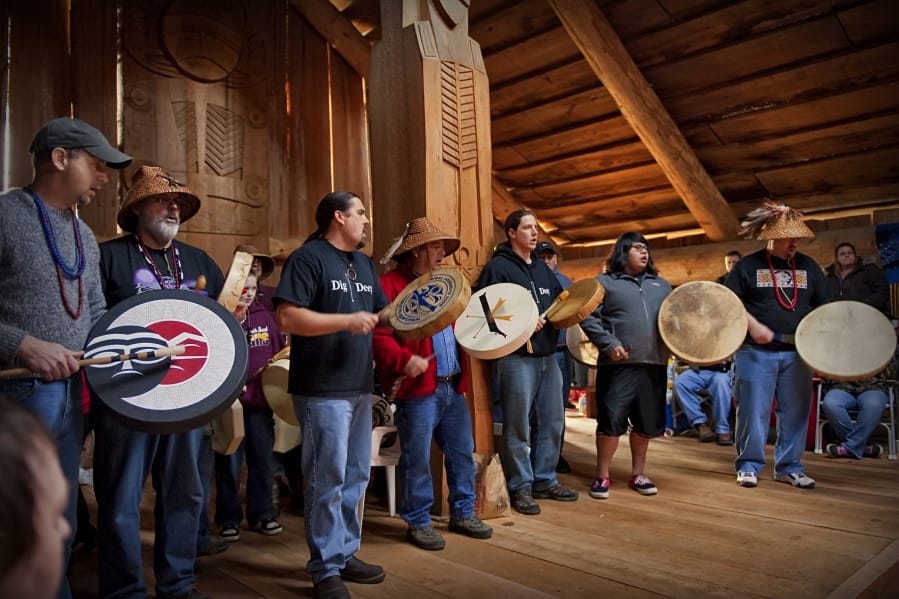Chinook Indian Nation Vice Chairman Sam Robinson, second from right, will sing, drum and talk about the importance of music during a Thursday night presentation at the Clark County Historical Museum.