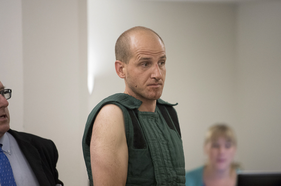 Dustin L. Zapel, the suspect in a double homicide at the Central Park Place Apartments, 1900 Fort Vancouver Way, makes a first appearance July 17, 2017, in Clark County Superior Court. On Wednesday, Zapel entered a plea of not guilty by reason of insanity in the case.
