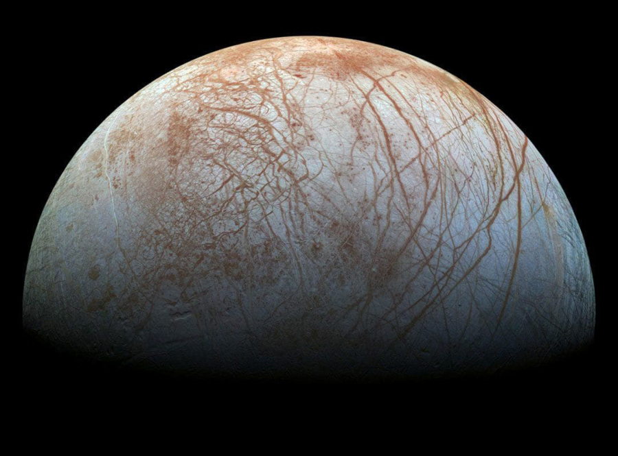A reprocessed color view of Europa made from images taken by NASA’s Galileo spacecraft in the late 1990s.