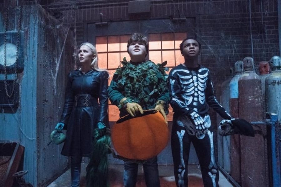 Madison Iseman, from left, Jeremy Ray Taylor and Caleel Harris appear in a scene from “Goosebumps 2: Haunted Halloween.” Sony