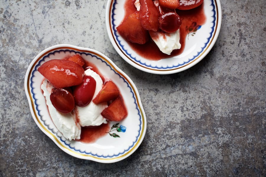 Fall Fruit With Port Wine Sauce, shown here chilled with Greek yogurt.