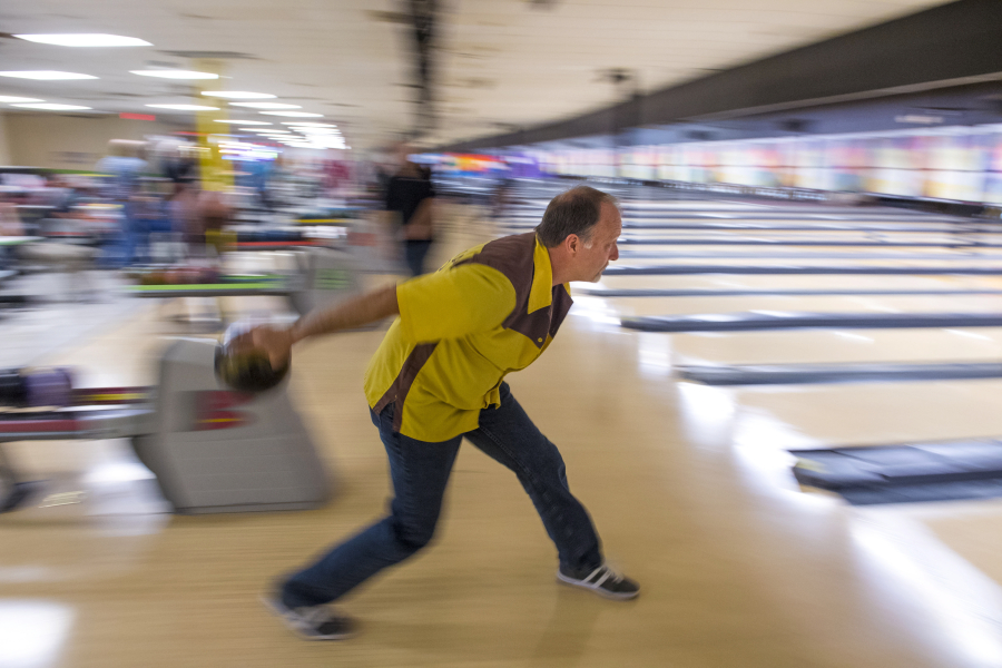 Scott Alexander of Hockinson prepares his throw while bowling in the The Lutheran Mixed Bowling League at Allen’s Crosley Lanes on Monday night, Oct. 2, 2018.