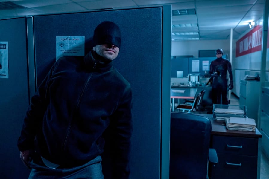 Daredevil (Charlie Cox, left) is up against a dark reflection of himself when Bullseye (Wilson Bethel) arrives.