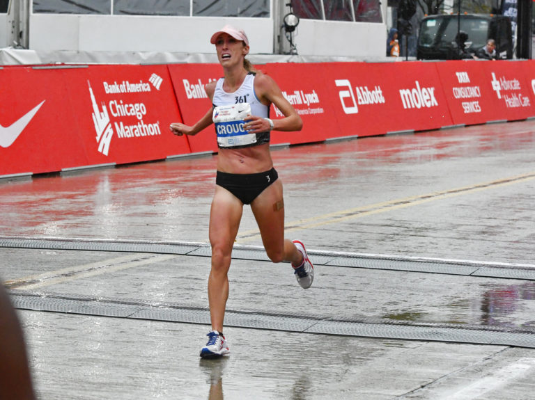 Sarah Crouch of the United States finishes in sixth place during the women's Bank of America Chicago Marathon, Sunday, Oct. 7, 2018, in Chicago.