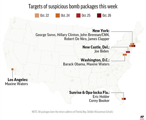Map shows the potential targets of suspicious bomb packages over the course of Monday Oct. 22 and Friday Oct.
