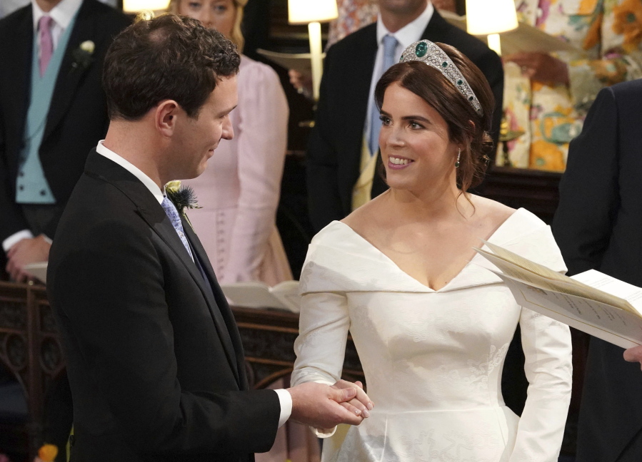 Princess Eugenie of York and Jack Brooksbank during their wedding ceremony at St George’s Chapel, Windsor Castle, near London on Friday.