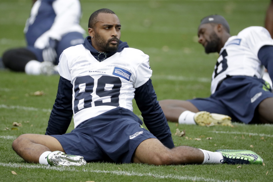 Seattle Seahawks’ Doug Baldwin takes part in an NFL training session at the Grove Hotel in Chandler’s Cross, Watford, England, Friday, Oct. 12, 2018. The Seattle Seahawks are preparing for an NFL regular season game against the Oakland Raiders in London on Sunday.