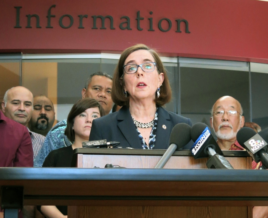 Oregon Gov. Kate Brown speaks at a news conference on May 27, 2017, in Portland.