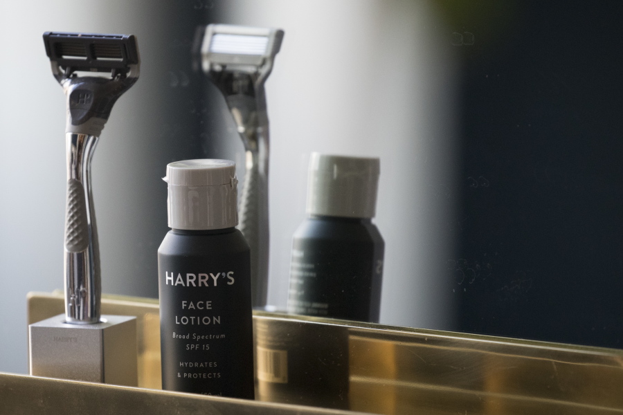 In this June 15, 2018, photo, the Winston razor and Harry’s face lotion are on display at the headquarters of Harry’s Inc., in New York. Armed with $112 million in new financing, the online startup that took on razor giants Gillette and Schick with its direct-to-consumer subscription model is investigating what other sleepy products might be ripe for disruption.