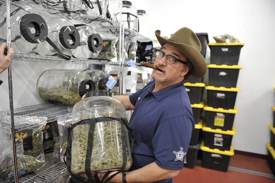 In this Monday, Oct. 15, 2018 photo, Jim Belushi tours his pot farm on the Rogue River near Eagle Point, Ore. Jim Belushi has a lifetime of memories shaped by cannabis. The famous actor, singer and community supporter describes a spiritual connection to the marijuana he’s growing on his 93-acre spread near Eagle Point, known as the Belushi Farm, and its 22,000-square-foot state licensed grow.