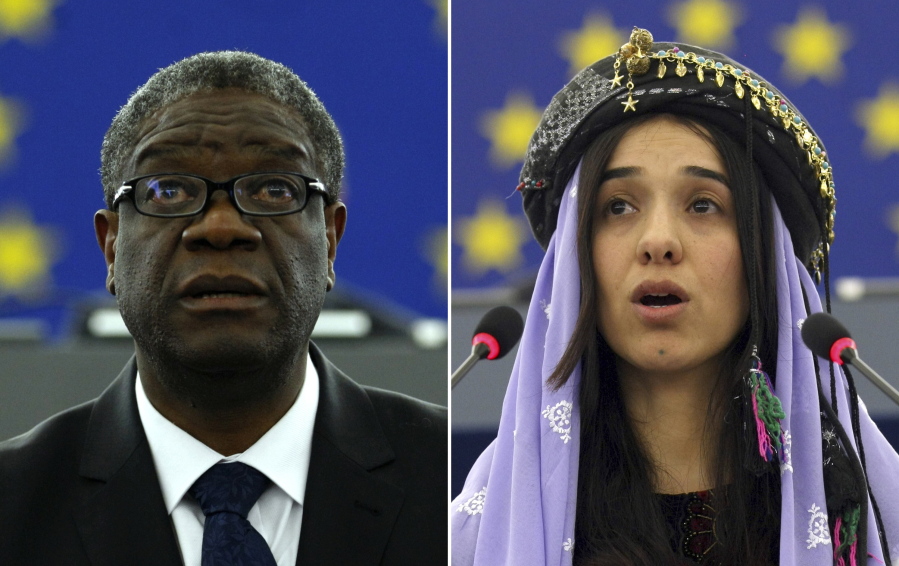 FILE - The combo of file photos shows Doctor Denis Mukwege, from the Democratic Republic of Congo, left, on Nov. 26, 2014 and Yazidi woman from Iraq, Nadia Murad on Dec. 13, 2016 as they both address the European parliament in Strasbourg, France. The Nobel Peace Prize on Friday, Oct. 5, 2018 was awarded to the Congolese doctor and a Yazidi former captive of the Islamic State group for their work to highlight and eliminate the use of sexual violence as a weapon of war.