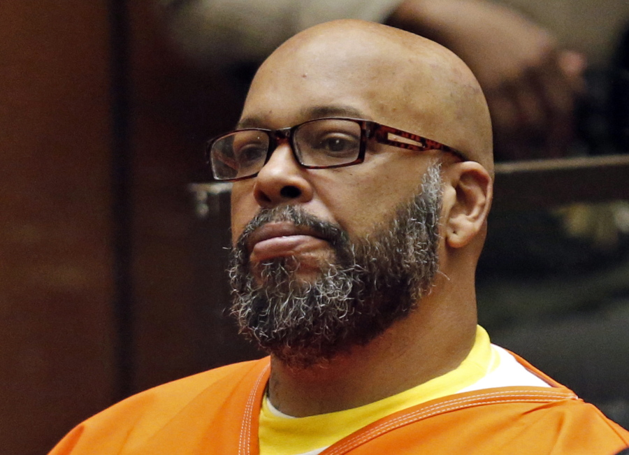FILE - In this July 7, 2015, file photo, Marion Hugh “Suge” Knight sits for a hearing in his murder case in Superior Court in Los Angeles. Former rap mogul Knight is expected to be sentenced to nearly three decades in prison in a Los Angeles court. The hearing Thursday, Oct. 4, 2018, for the 53-year-old Death Row Records co-founder comes almost four years after Knight killed one man and injured another with his truck outside a Compton burger stand. (Patrick T.