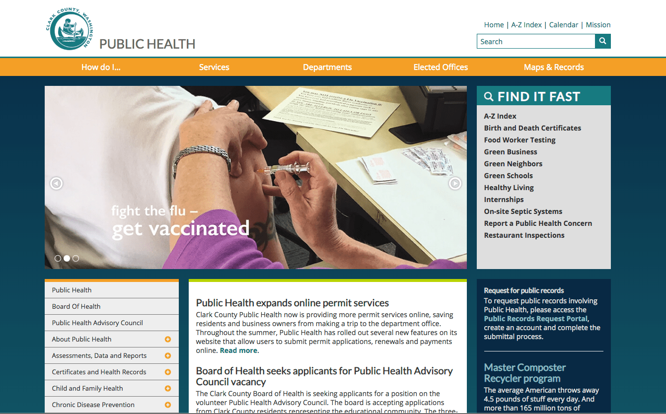 The homepage for Clark County Public Health.