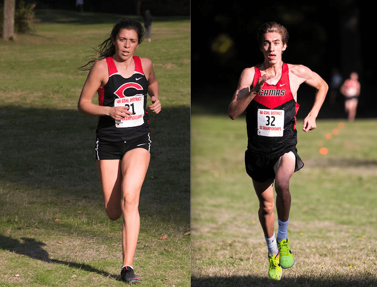 Camas runners Halle Jenkins, left, and Daniel Maton won 4A district cross country titles on Thursday at Lewisville Park in Battle Ground.