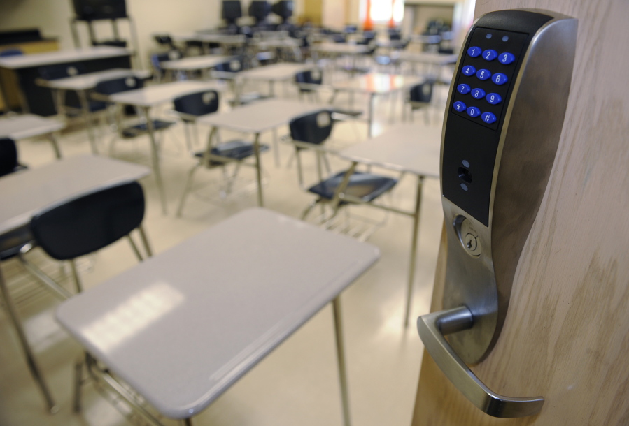 A bullet-resistant lock installed by NetTalon Security Systems on the door of a classroom at McKinley Middle Magnet School in Baton Rouge, La. The company has struggled to sell versions of the comprehensive security package it installed at the school.