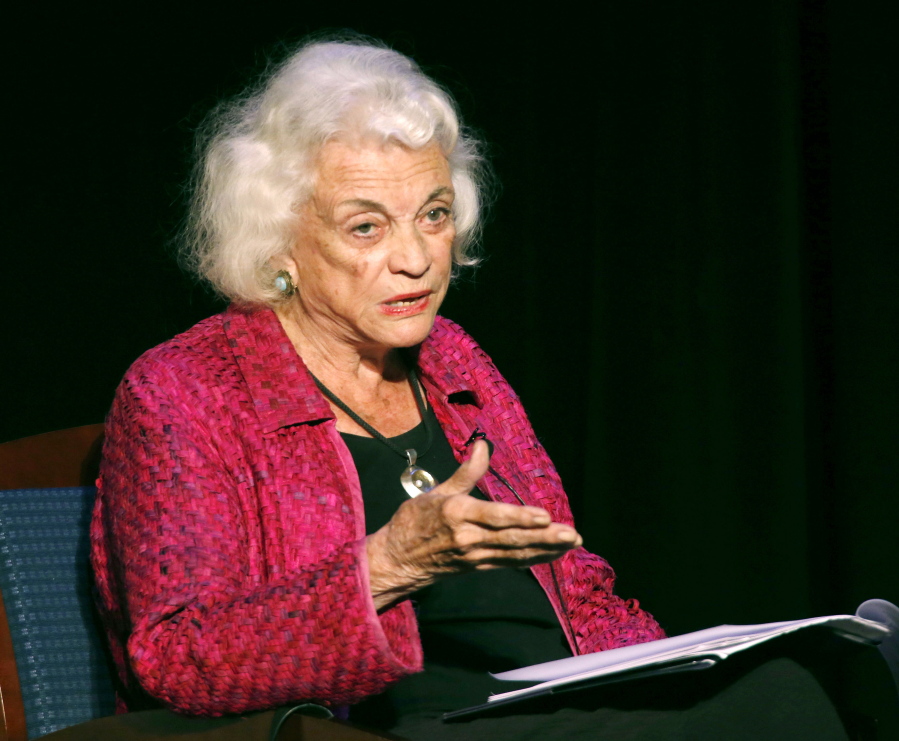 Retired U.S. Supreme Court Justice Sandra Day O’Connor speaks during a lecture, in Concord, N.H. O’Connor, the first woman on the Supreme Court, says she has the beginning stages of dementia and “probably Alzheimer’s disease.” O’Connor made the announcement in a letter Tuesday, Oct. 23, 2018.