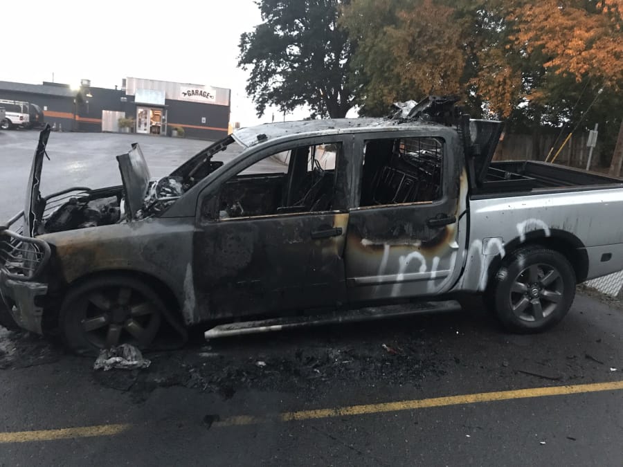 Johnny MacKay’s pickup was set on fire overnight Monday after he left it in the parking lot at Garage Bar & Grille, 1101 W. Fourth Plain Blvd., Vancouver. The word “Trump” was spray-painted on the truck.