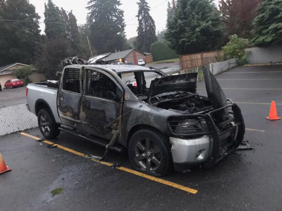 Johnny MacKay’s pickup was set on fire overnight Monday after he left the vehicle in the parking lot at Garage Bar & Grille, 1101 W. Fourth Plain Blvd., Vancouver. MacKay said he believes his truck was targeted because of pro-President Donald Trump bumper stickers.