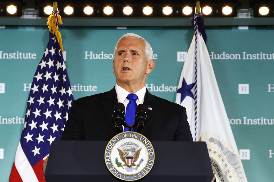 Vice President Mike Pence speaks Thursday, Oct. 4, 2018, at the Hudson Institute in Washington.