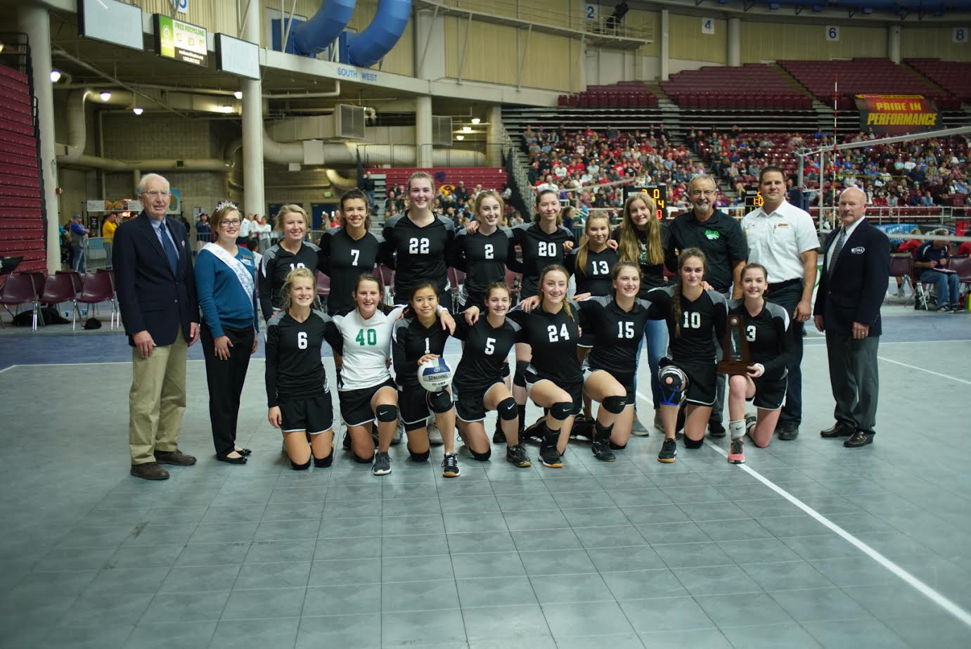 The Firm Foundation volleyball team poses for a team photo after winning the fifth-place trophy Friday at the 1B state volleyball tournament in Yakima.