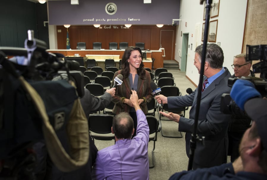 Incumbent U.S. Rep. Jaime Herrera Beutler, R-Battle Ground, talks with Portland television stations at the Clark County Public Service Center on Tuesday. Herrera Beutler said she’s humble given the modest lead. “I was very heavily out-raised,” she said.