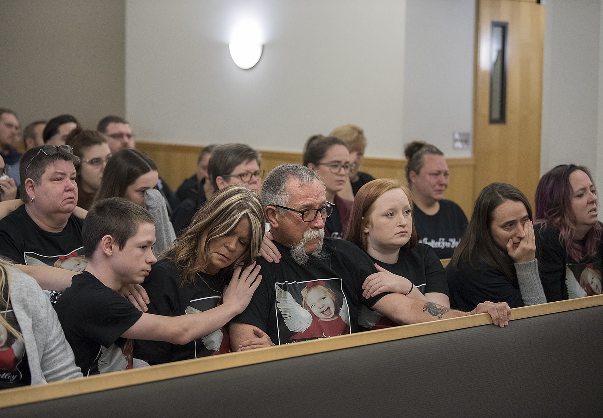 Family and friends of Hartley Anderson gather for the first appearance of Ryan M. Burge, who is suspected of killing the 5-year-old, at the Clark County Courthouse on Monday morning, Nov. 5, 2018.