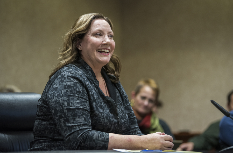 Camas City Councilor Shannon Turk speaks during her interview at a special council meeting Wednesday where she was picked to serve as the city’s next mayor. She will take the oath of office at Monday’s council meeting.