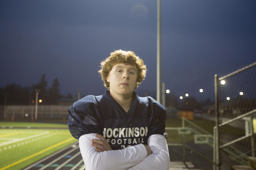 Hockinson senior Garrett Gundy at a football practice session in Battle Ground Wednesday November 14 2018. Gundy has used participating in track and field to improve his game.