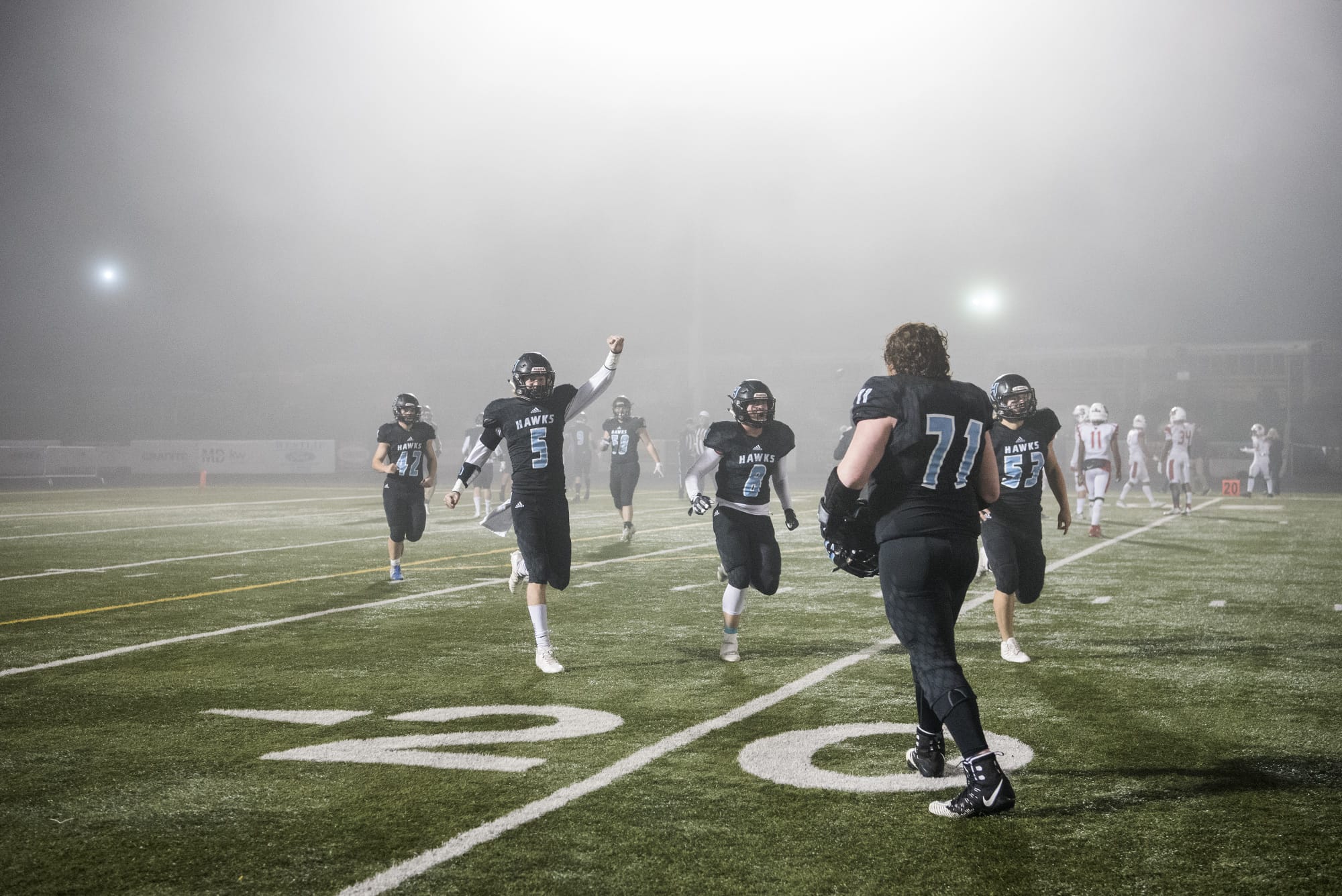Hockinson celebrates a Steilacoom turnover during the 2A state football quarterfinals at Doc Harris Stadium in Camas on Friday, Nov. 16, 2018. Hockinson defeated Steilacoom 35-28.