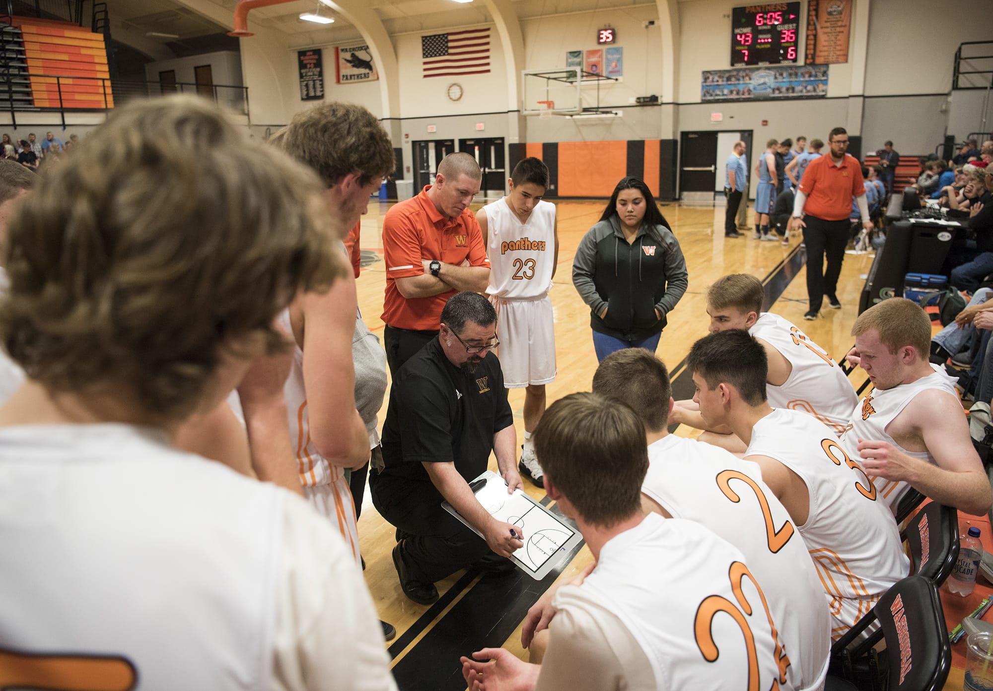 Washougal head coach A.J. Labree talks to his team during a timeout at Tuesday night's game against Stevenson in Washougal on Nov. 27, 2018. Washougal won 58-39.