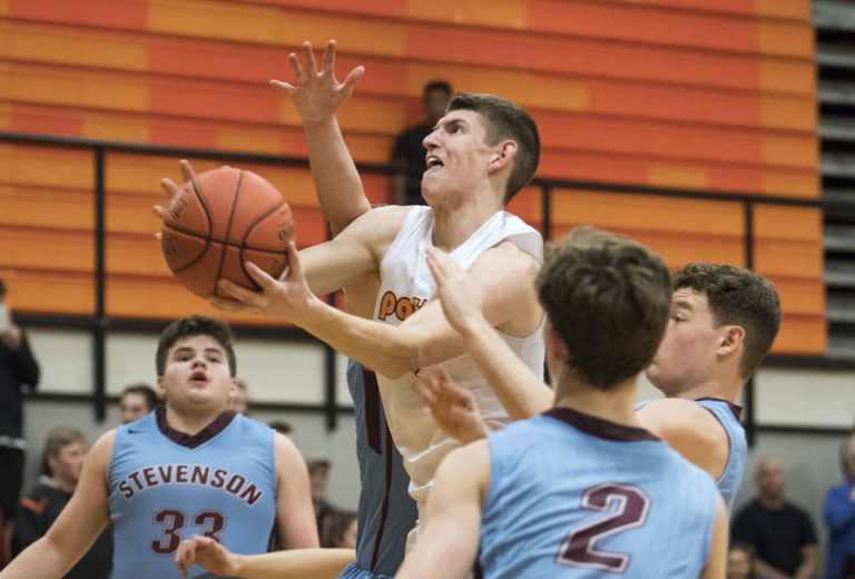 Washougal's Kol Mael (2) eyes the basket as he jumps for a layup during Tuesday night's game against Stevenson in Washougal on Nov. 27, 2018. Washougal won 58-39.