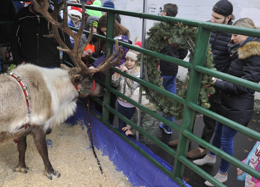 Joni Zimmerman, center, visits reindeer at the 2016 Uptown Christmas in the Village Block Party.