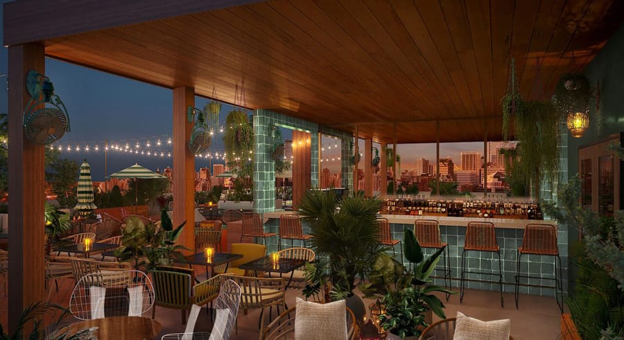 Rendering of rooftop bar at Life House Little Havana.
