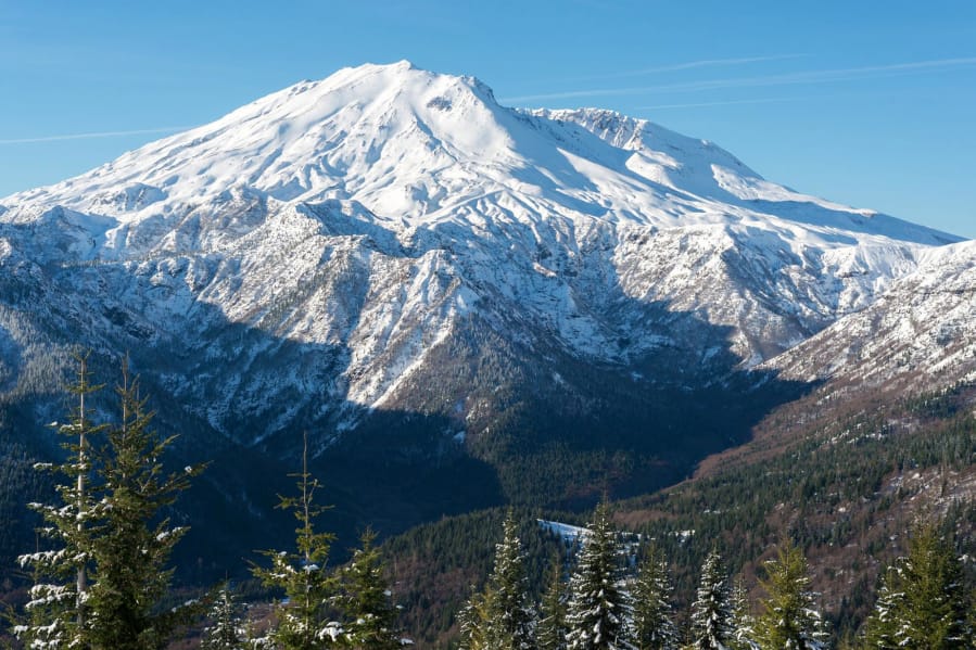 Mount St. Helens is viewed from the east-northeast in January. Commissioners from Cowlitz, Lewis and Skamania counties want the state to study the feasibility of building a road that would more directly connect Mount St. Helens and Mount Rainier.